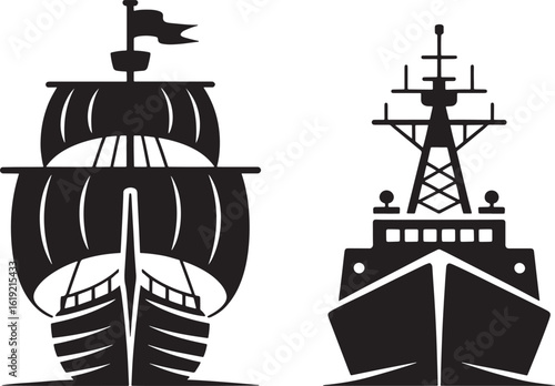 Vintage sailing ship contrasts with modern naval vessel front view