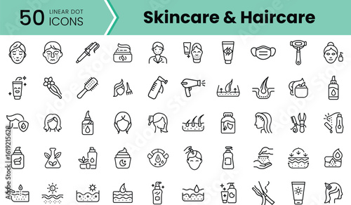 A collection of 50 linear dot icons representing skincare and haircare items, featuring products, tools, and procedures in a clean and modern design.