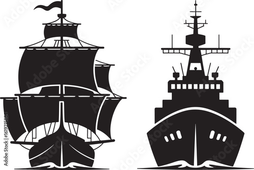 Silhouette comparison of a vintage sailing ship and a modern warship