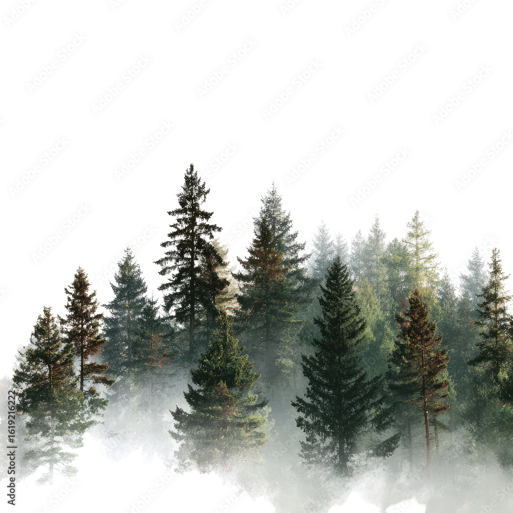 Fototapeta premium Foggy forest scene with many trees