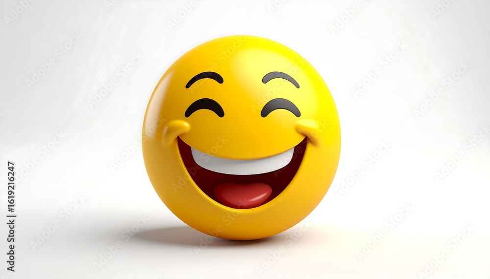 Fototapeta premium Bright yellow laughing emoji with eyes closed against a white background