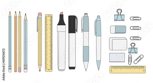 A collection of school and office supplies including pencils, a ruler, highlighters, pens, erasers, and paper clips arranged neatly on a white background.