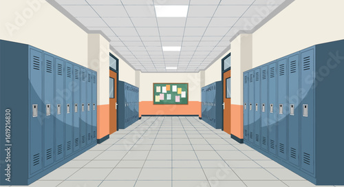 An empty school hallway with rows of blue lockers and doors, featuring a bulletin board on the wall.