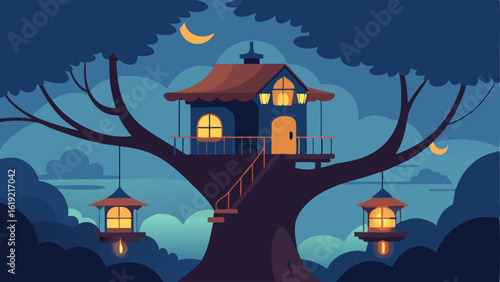 Charming Canopy Home A delightful house situated high in the branches of a massive tree featuring a curved roof and whimsical architecture. The house has multiple platforms
