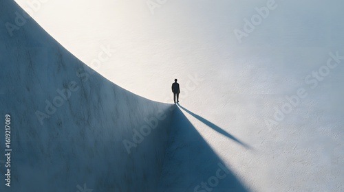 Lone man silhouette on curved pathway under bright sky long shadow cast