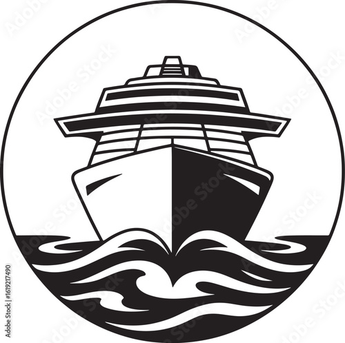 Front view of a large cruise ship sailing through wavy waters