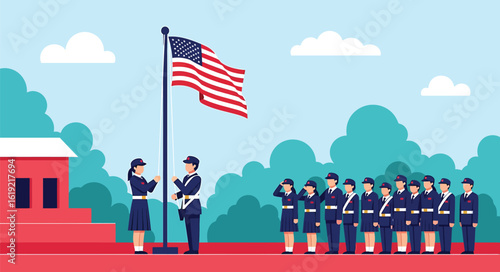 Military personnel raising the American flag during a ceremony on a base.