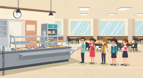 Cartoon illustration of diverse students waiting in line for food at a school cafeteria.