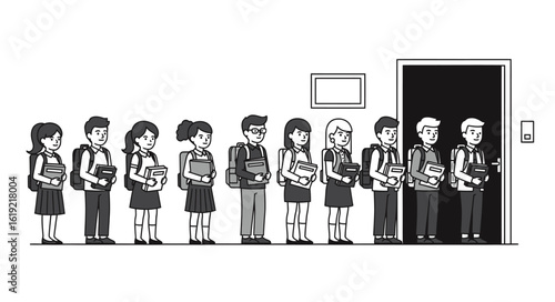 A group of school children with backpacks and books waiting in a single file line to enter a classroom.