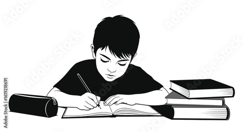 A young boy diligently studies, writing in a notebook at a desk with a stack of books.