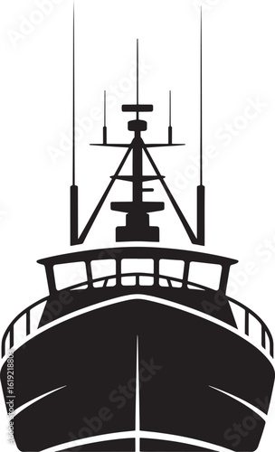 Front view silhouette of a large fishing trawler at sea