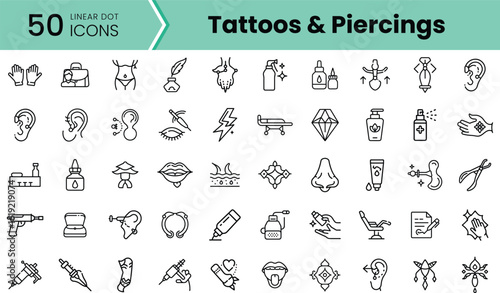 A collection of 50 linear dot icons featuring tattoos and piercings, showcasing various designs and tools in a clean, minimalist style.