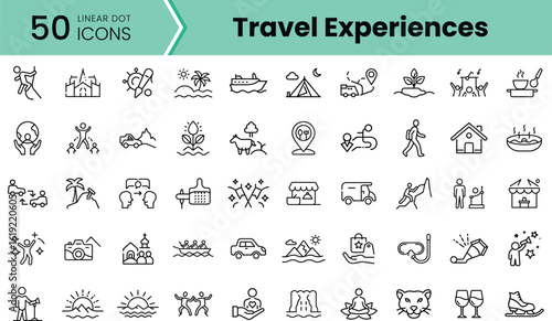 Collection of 50 appealing linear icons representing diverse travel experiences, featuring activities and locations such as nature, food, and adventure.