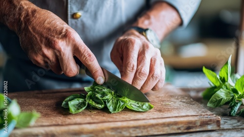 Close-up of hands chopping fresh basil.