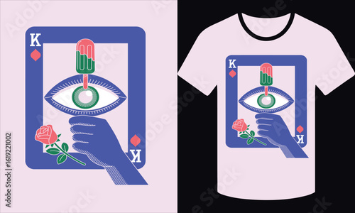 King of hearts playing card with eye popsicle and rose vector