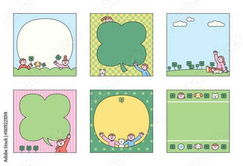Collection of cute, hand-drawn memo pads or frames featuring children and lucky four-leaf clovers, with blank spaces for text.