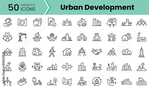 A collection of 50 linear dot icons representing urban development concepts, including buildings, cranes, community, and sustainability, in a modern design.