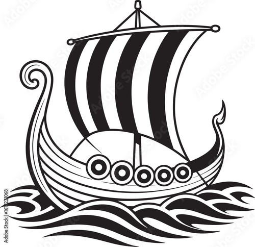 Black and white illustration of a viking longship sailing on wavy seas