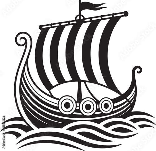 Black and white illustration of a viking longship sailing on wavy seas