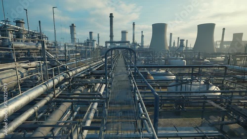 Wallpaper Mural Explore a suspended metal walkway high above gas pipelines, stretching across a sprawling gas refinery. The humming machinery below highlights industrial activity in action Torontodigital.ca