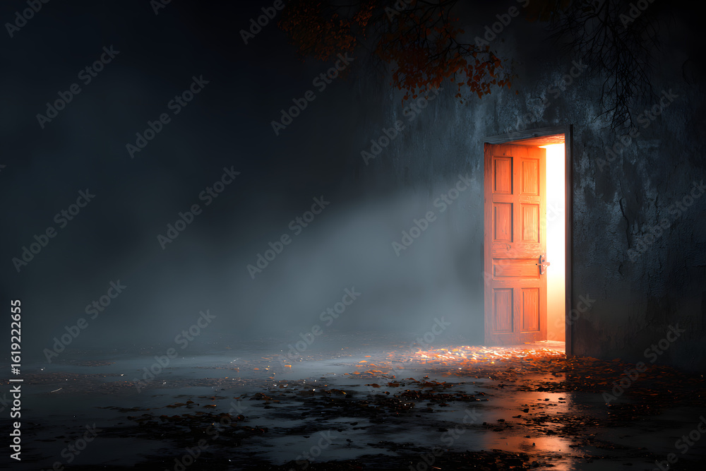 Fototapeta premium Open door with bright light, halloween theme