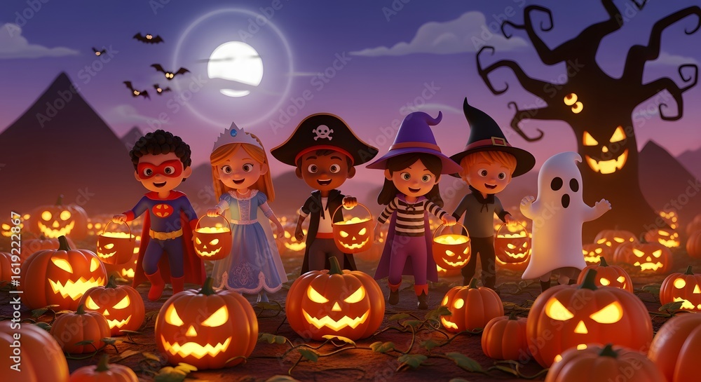 Fototapeta premium Children in Halloween Costumes Standing with Jack-o'-lanterns in Night Scene with Full Moon