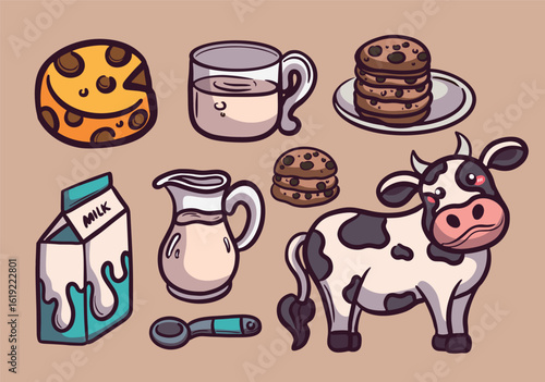 Cartoon Dairy Products and Cow Illustration