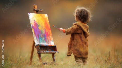 A young child paints on a canvas outdoors.