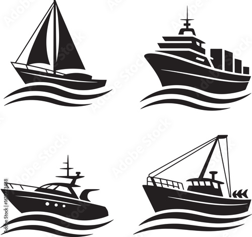 Four diverse nautical vessels silhouetted against a white background