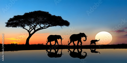 Fototapeta Naklejka Na Ścianę i Meble -  Elephant family silhouette at sunset
