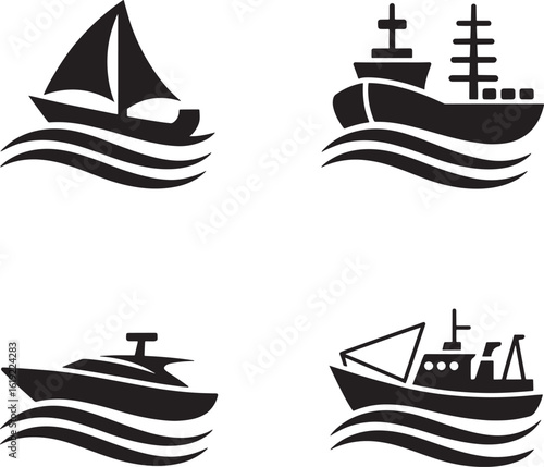 Four distinct nautical vessel silhouettes floating on wavy water