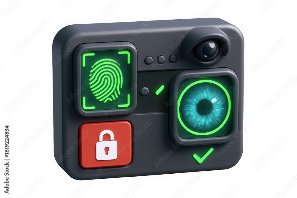 Obraz premium A sleek, high-tech interface showcasing a fingerprint sensor, eye scanner, and lock icon, emphasizing security features.