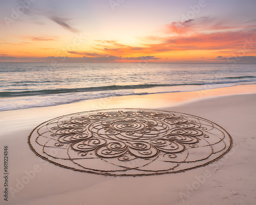 Sand mandala on beach at sunset with ocean waves sand art