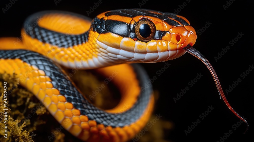 Fototapeta premium Detailed portrait of a vibrantly colored snake with a long forked tongue against a dark background.