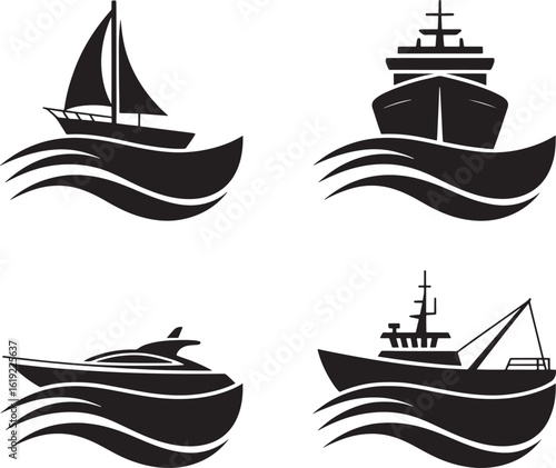 Four stylized silhouettes of nautical vessels on wavy water