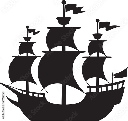 Silhouette of a majestic three masted sailing ship with billowing sails