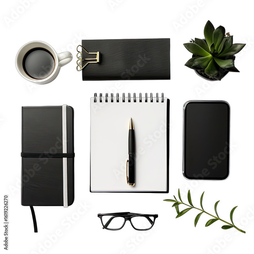 Flat lay of black and white office supplies.  A coffee mug, notebook, notepad, pen, wallet, succulent, glasses, and a smartphone are arranged in a grid