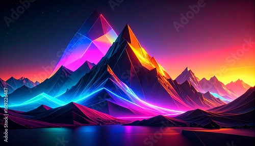 Luminous Geometric Peaks and Neon Light Streams Over a Reflective Lake