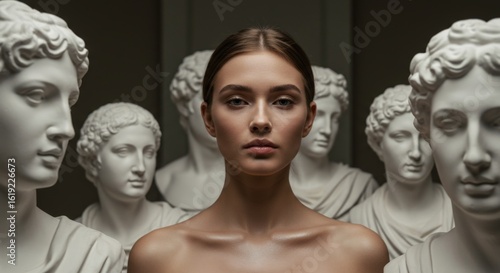 Young woman standing among classical sculptures
