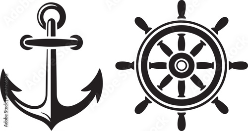 Classic nautical anchor and ship s wheel icons on white background