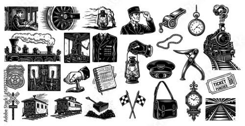 A vintage set of hand-drawn train and railway illustrations. It represents transportation, travel, and history. Ideal for nostalgic designs, educational materials, and retro-themed projects.