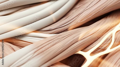 Detailed 3D rendering of human muscle tissue and tendons with glowing elements, illustrating biological anatomy and physiological structure.