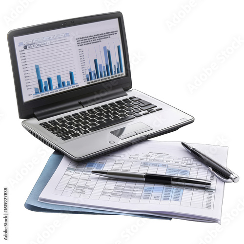 Laptop displaying charts and graphs atop financial documents with pen