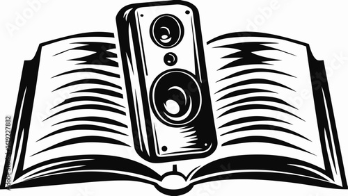 Illustration of an open book with multiple pages and a speaker on top in black and white style art silhouette
