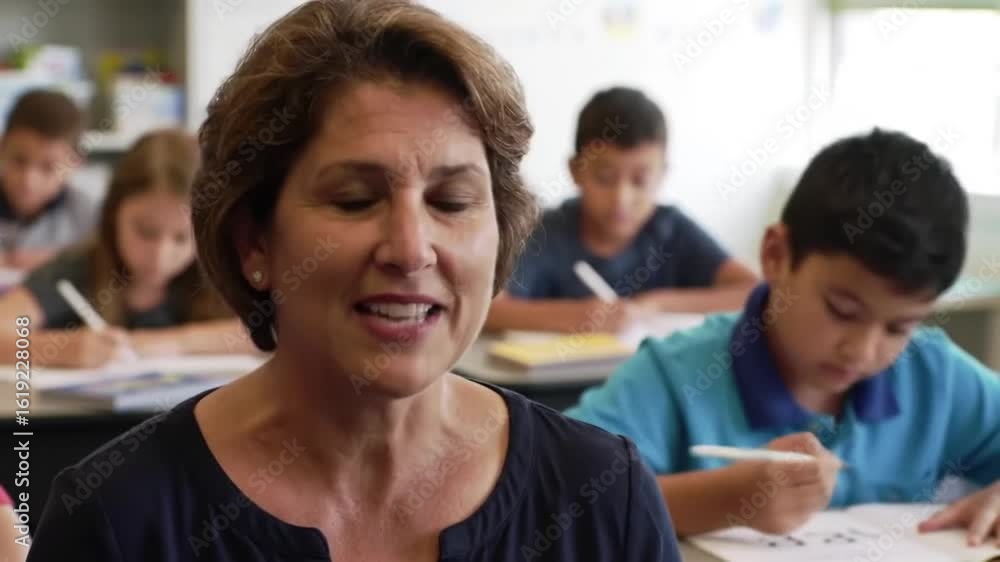Teacher leads lesson with engaged students Teacher leads lesson with engaged students
