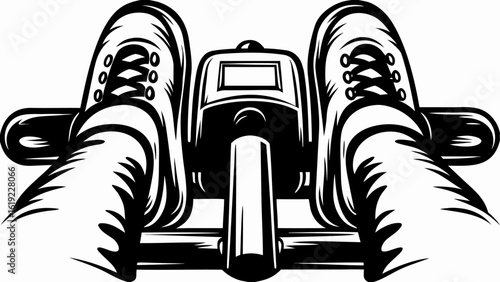 Person using rowing machine wearing sneakers with display in black and white illustration style silhouette