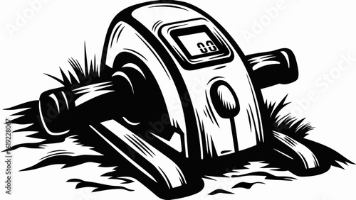 Illustration of a portable exercise peddler with digital display surrounded by grass in black and white silhouette