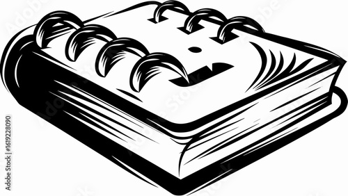 Illustration of a black and white spiral bound notebook with thick pages and visible binding rings silhouette