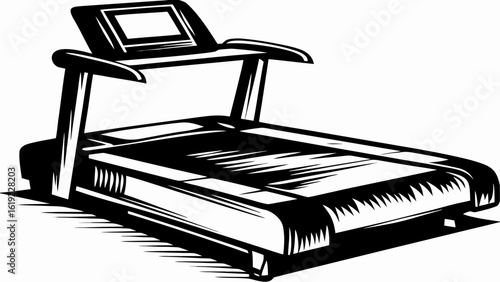Illustration of a treadmill machine with display and handrails in black and white design style vector silhouette