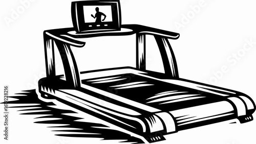 Illustration of a treadmill with a screen showing a running figure in black and white fitness equipment silhouette